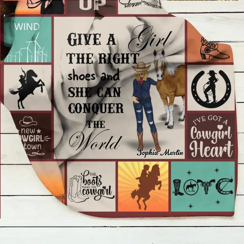 Personalized Horse Girl Quilt/Fleece Throw Blanket - Gift Idea For Girl/Horse Lovers - Give A Girl The Right Shoes