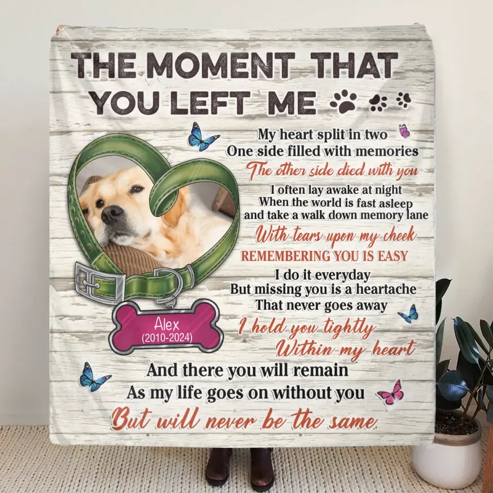 Personalized Memorial Pet Collar Fleece Throw/Quilt Blanket - Upload Photo - Memorial Gift Idea For Dog/Cat Lover - The Moment That You Left Me