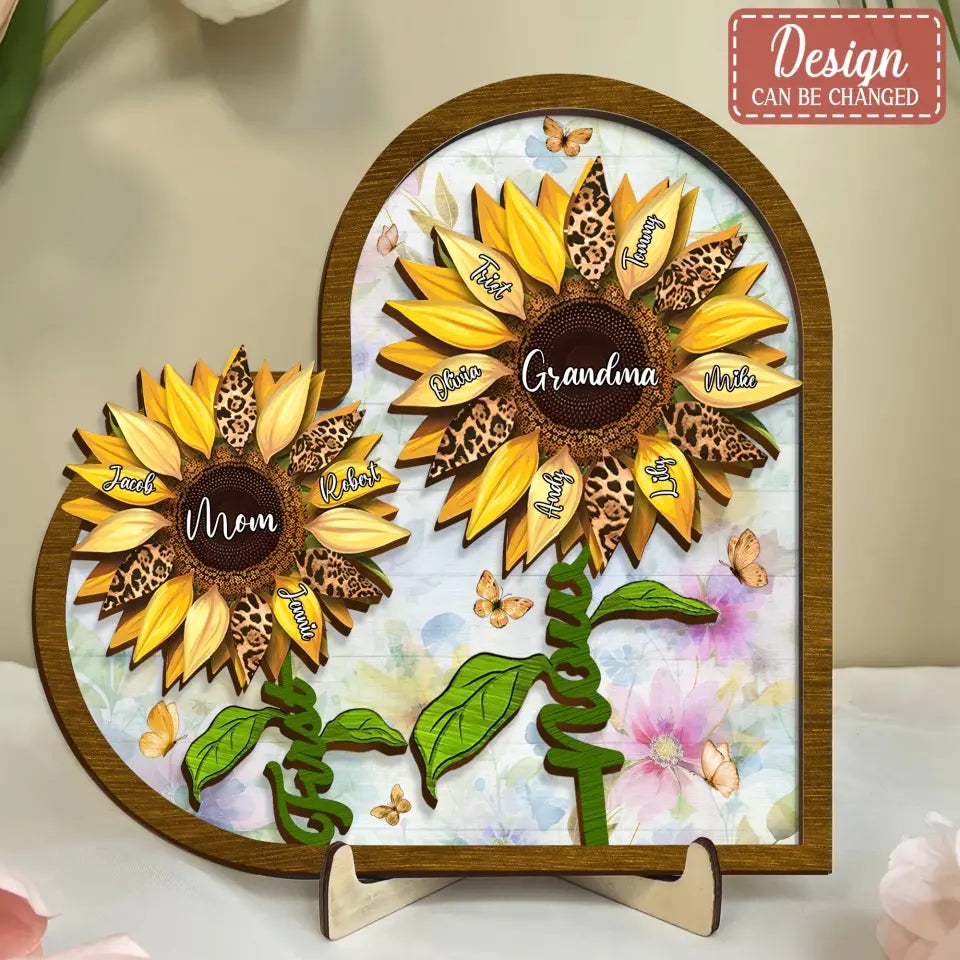 Personalized First Mom Now Grandma Sunflower 2 Layered Wooden Art - Up to 15 Kids And 15 Grandkids - Mother's Day Gift Idea For Grandma/Mom