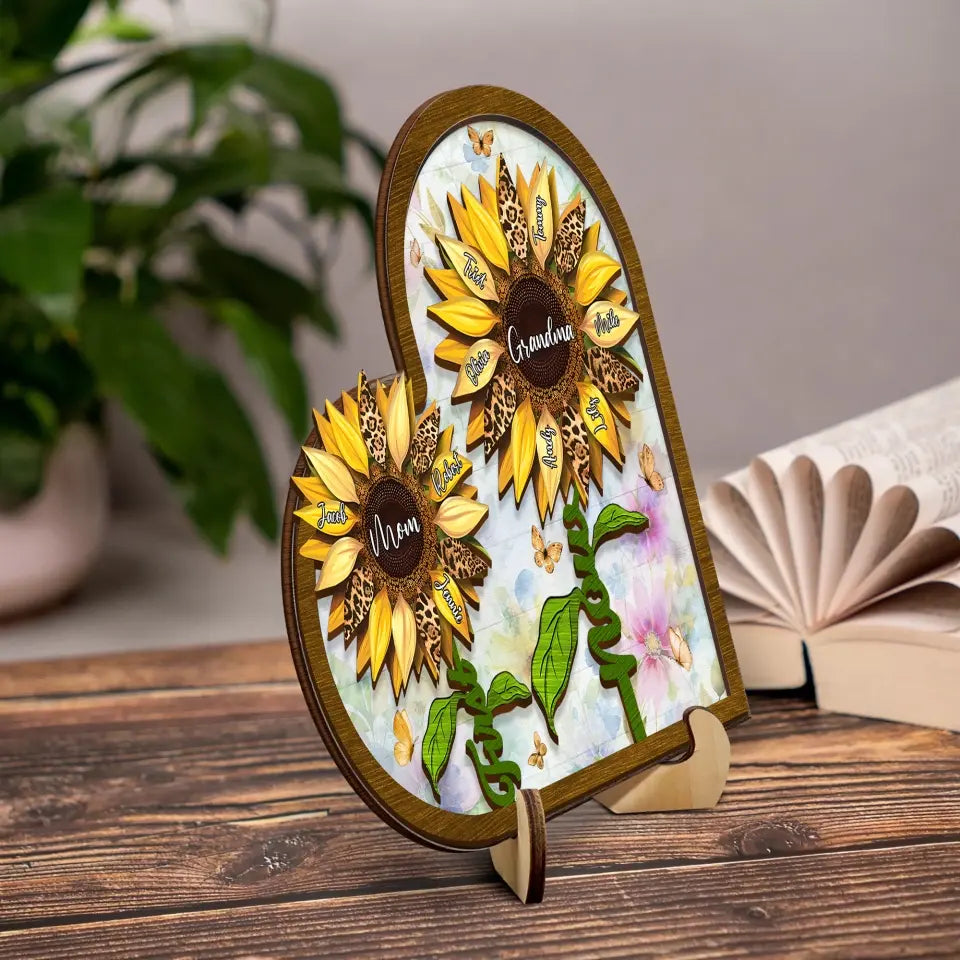 Personalized First Mom Now Grandma Sunflower 2 Layered Wooden Art - Up to 15 Kids And 15 Grandkids - Mother's Day Gift Idea For Grandma/Mom