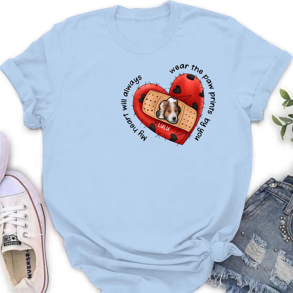 Personalized Memorial Shirt/Hoodie - Upload Dog Photo - Memorial Gift Idea For Dog Owner - My Heart Will Always Wear The Paw Prints By You