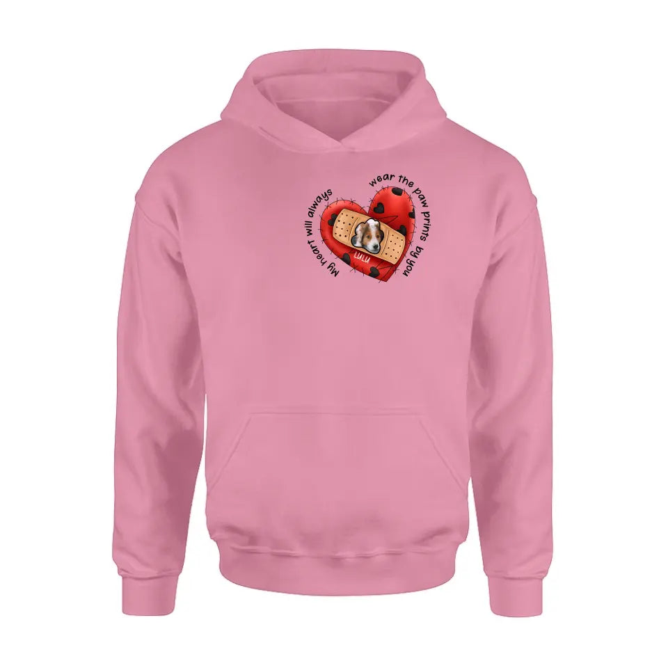 Personalized Memorial Shirt/Hoodie - Upload Dog Photo - Memorial Gift Idea For Dog Owner - My Heart Will Always Wear The Paw Prints By You
