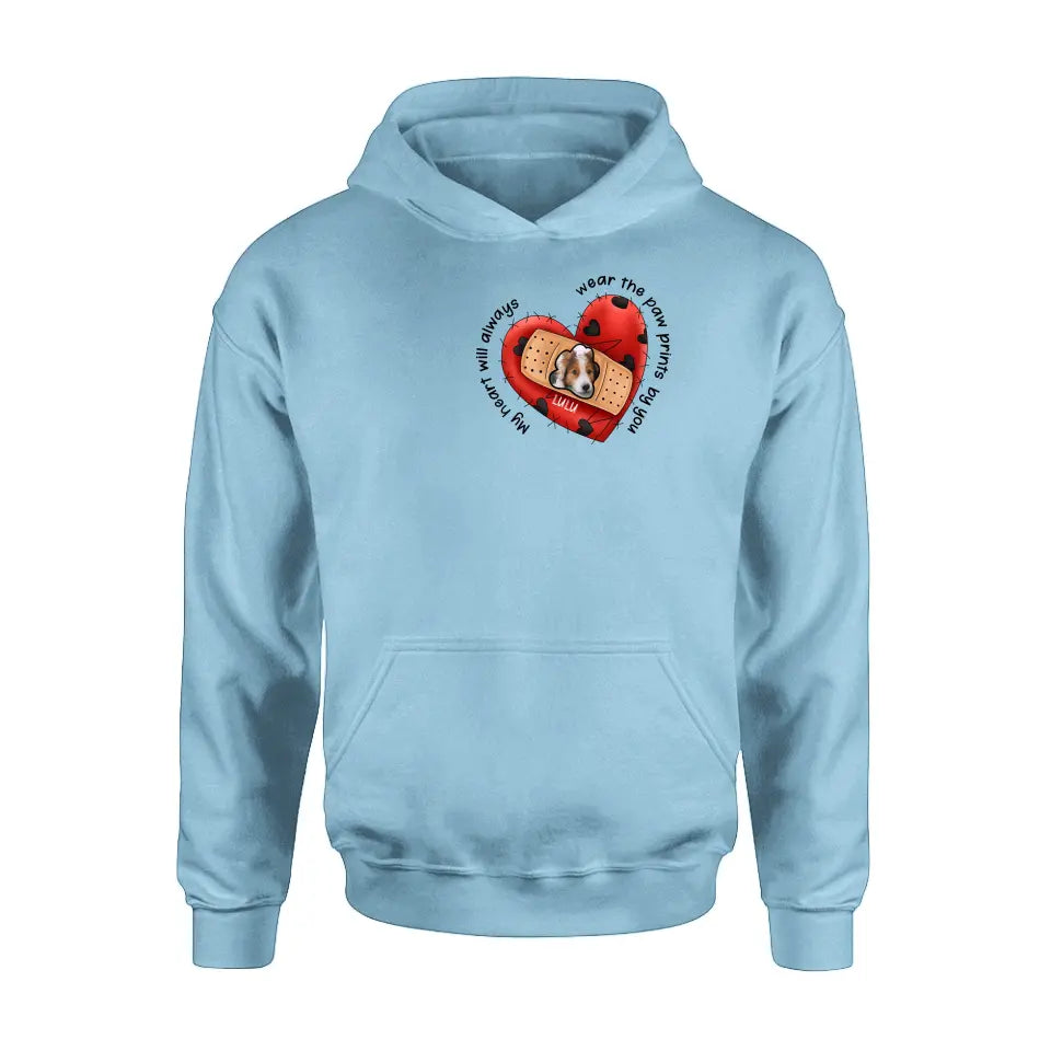 Personalized Memorial Shirt/Hoodie - Upload Dog Photo - Memorial Gift Idea For Dog Owner - My Heart Will Always Wear The Paw Prints By You