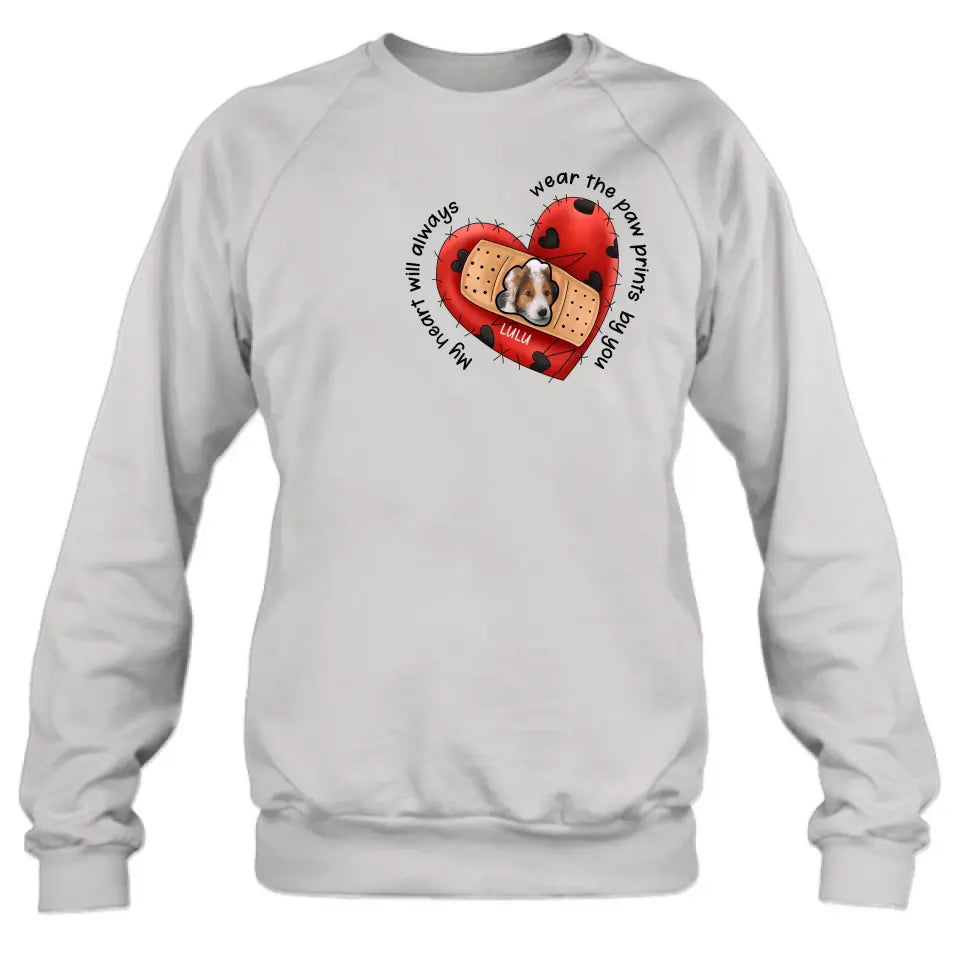 Personalized Memorial Shirt/Hoodie - Upload Dog Photo - Memorial Gift Idea For Dog Owner - My Heart Will Always Wear The Paw Prints By You