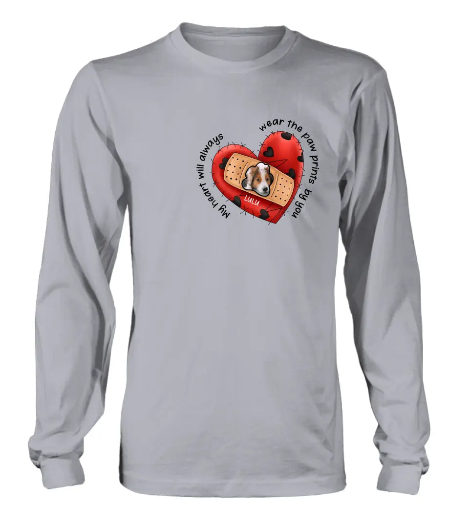 Personalized Memorial Shirt/Hoodie - Upload Dog Photo - Memorial Gift Idea For Dog Owner - My Heart Will Always Wear The Paw Prints By You
