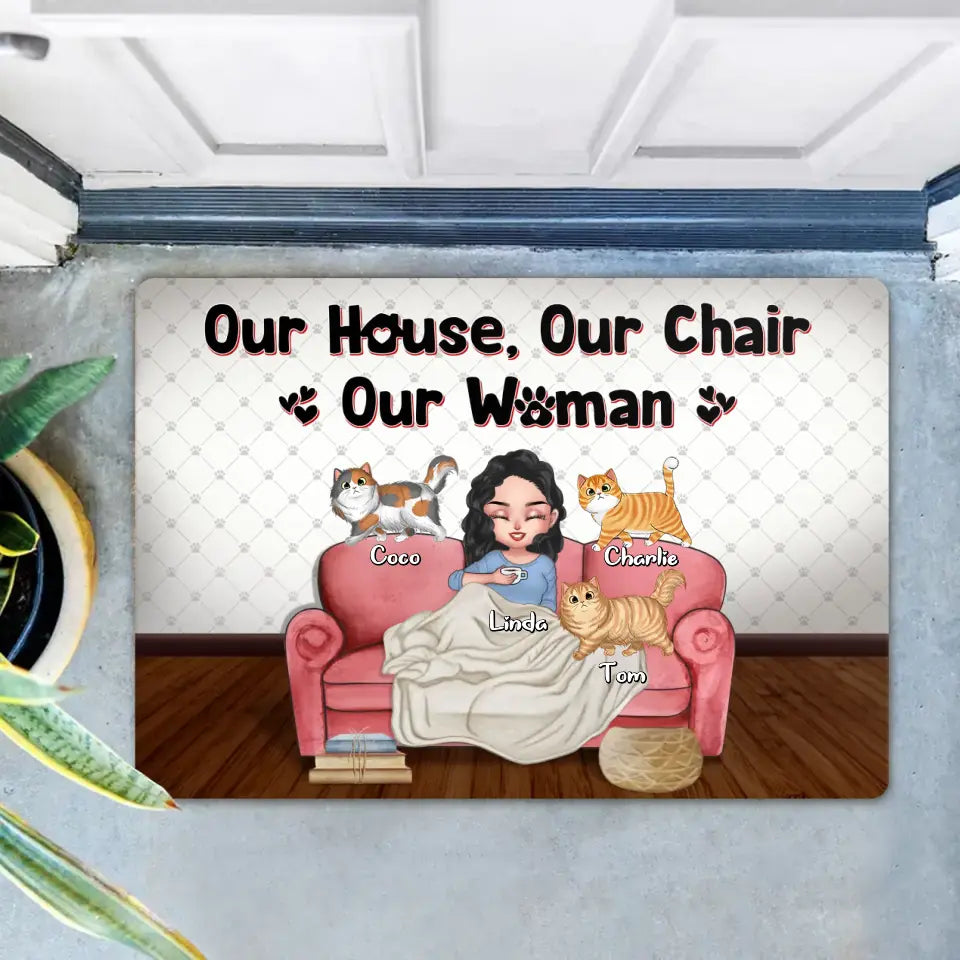 Personalized Cat Mom Doormat - Gifts For Cat Lovers With Up to 7 Cats/Mother's Day - Our House Our Chair Our Woman