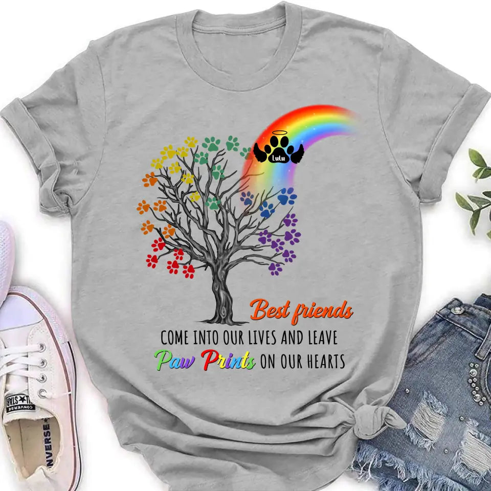 Personalized Rainbow Bridge Memorial Shirt/Hoodie - Memorial Gift Idea For Dog Lover - Up to 4 Dogs - Best Friends Come Into Our Lives And Leave Paw Prints On Our Hearts