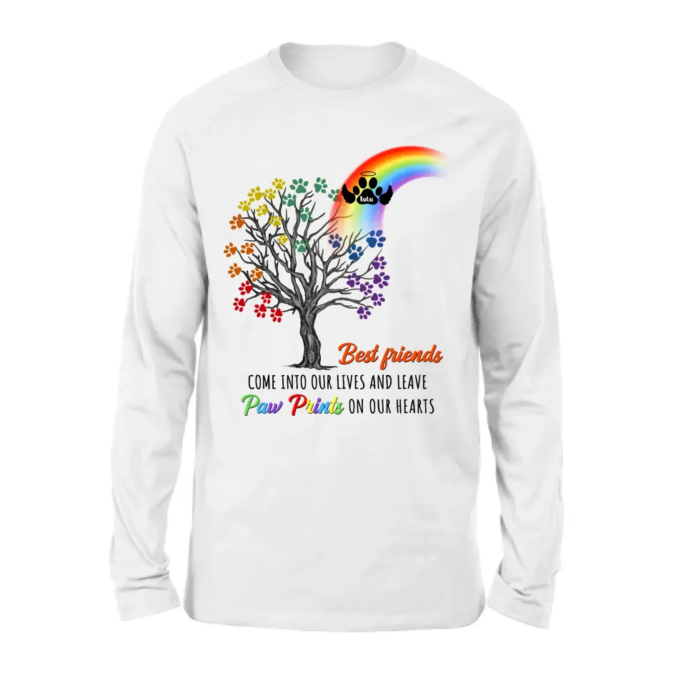 Personalized Rainbow Bridge Memorial Shirt/Hoodie - Memorial Gift Idea For Dog Lover - Up to 4 Dogs - Best Friends Come Into Our Lives And Leave Paw Prints On Our Hearts