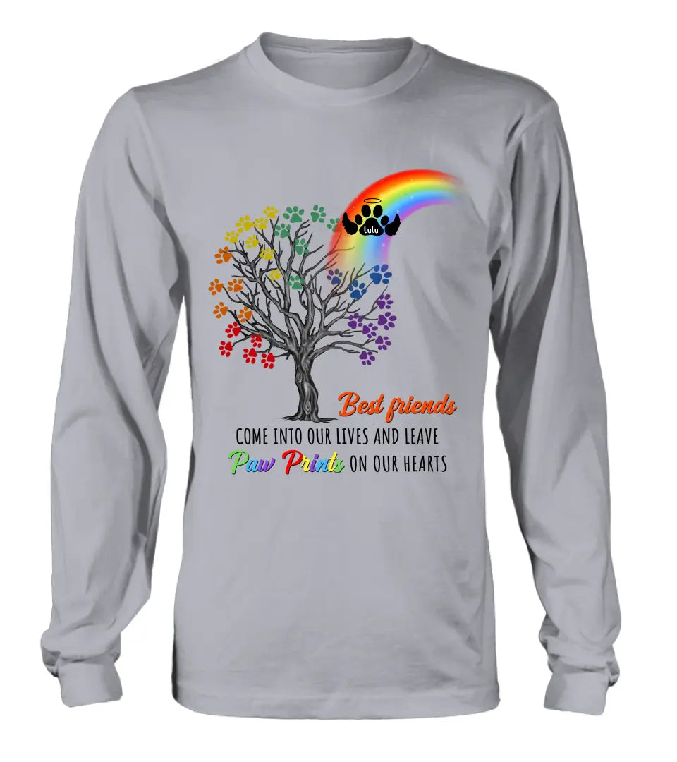 Personalized Rainbow Bridge Memorial Shirt/Hoodie - Memorial Gift Idea For Dog Lover - Up to 4 Dogs - Best Friends Come Into Our Lives And Leave Paw Prints On Our Hearts