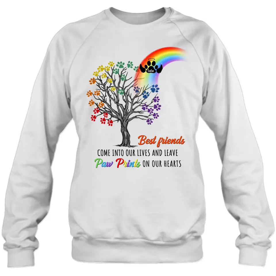 Personalized Rainbow Bridge Memorial Shirt/Hoodie - Memorial Gift Idea For Dog Lover - Up to 4 Dogs - Best Friends Come Into Our Lives And Leave Paw Prints On Our Hearts
