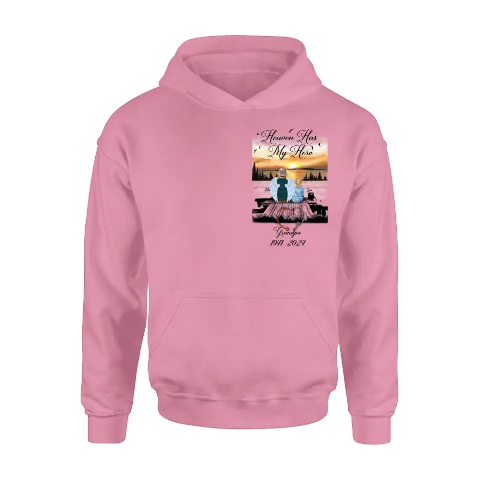 Personalized Memorial Fishing Grandpa Shirt/Hoodie - Memorial Gift Idea For Dad/Grandpa/Father's Day - Heaven Has My Hero