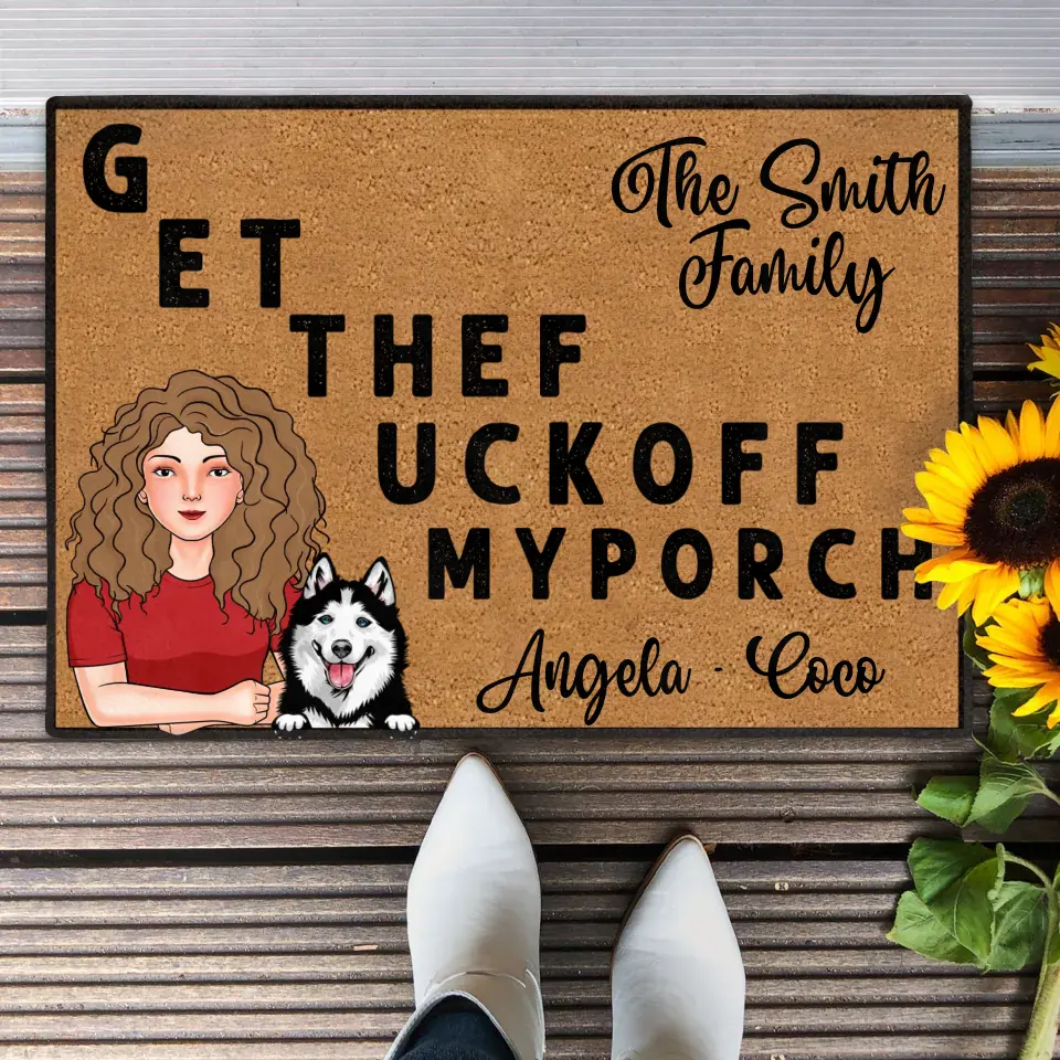 Personalized Pet Doormat - Gift Idea For Mother's Day/Father's Day/Pet Lovers - Adult/Couple With Up to 3 Cats/Dogs - G ET THEF UCKOFF MY PORCH
