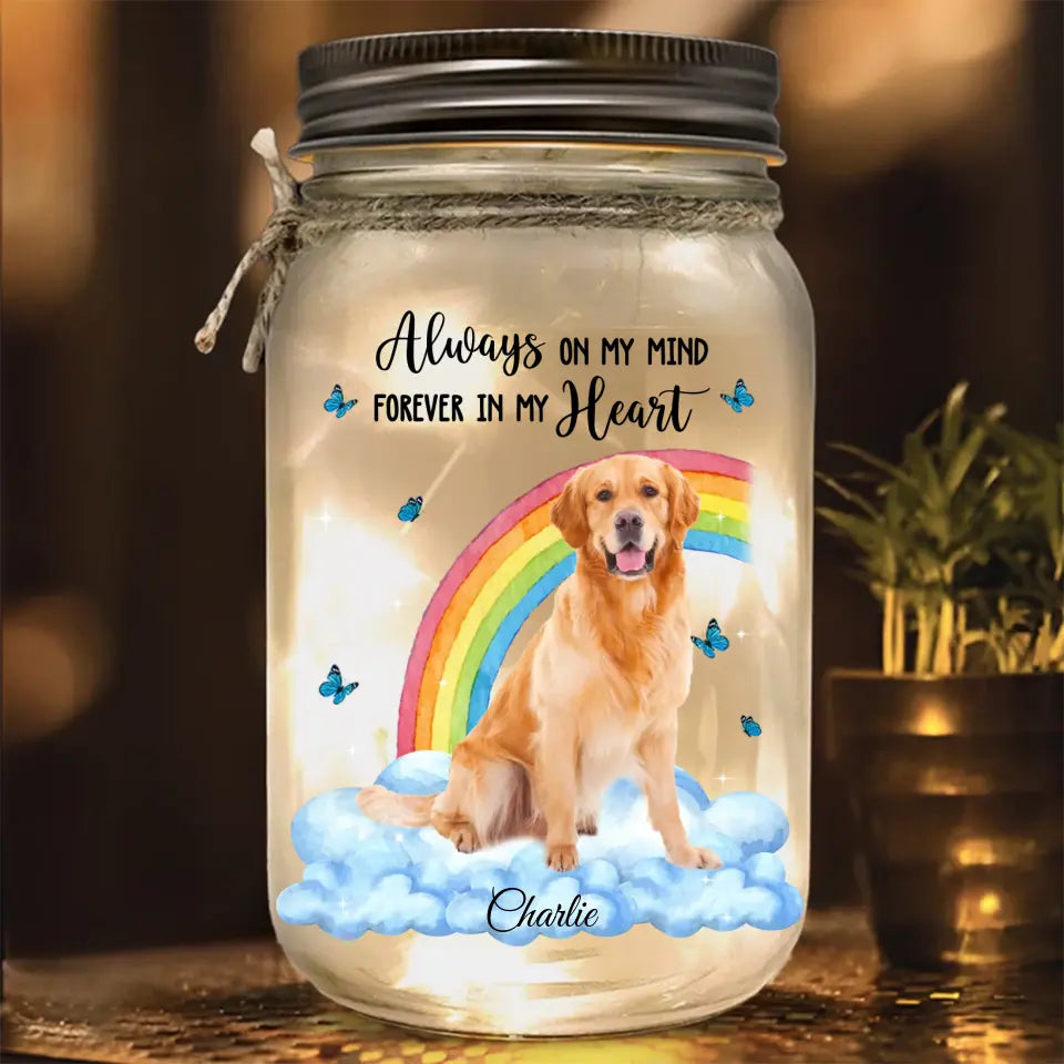 Personalized Pet Photo Mason Jar Light - Memorial Gift Idea for Pet Owners - Always On My Mind Forever In My Heart