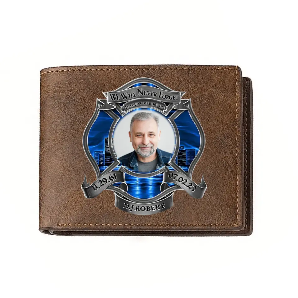 Personalized Memorial Firefighter Leather Wallet - Memorial Gift Idea for Father's Day - We Will Never Forget