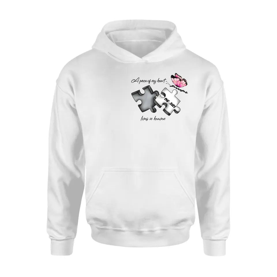 Personalized Memorial Butterfly Shirt/Hoodie - Memorial Gift Idea For Family Member - A Piece Of My Heart Lives In Heaven