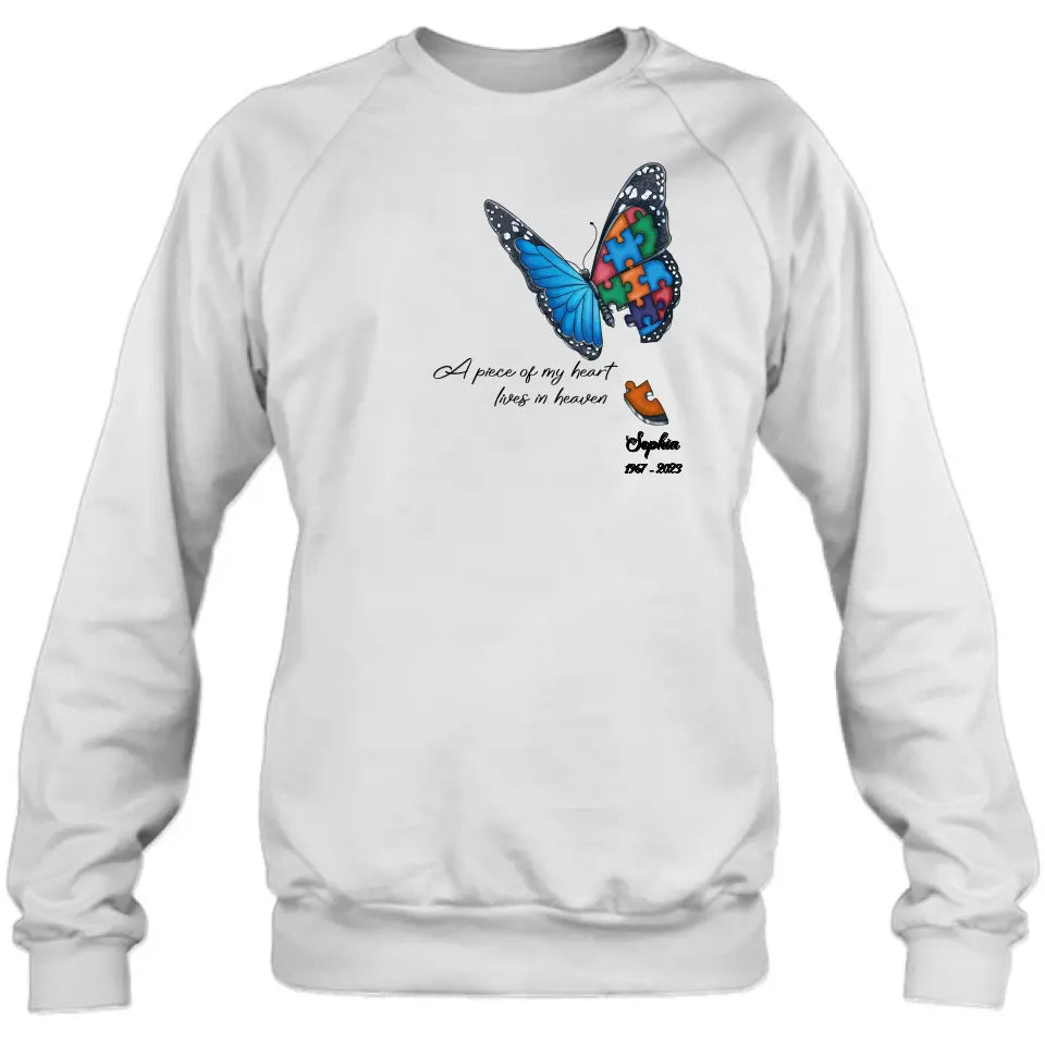 Personalized Memorial Butterfly Shirt/Hoodie - Up to 4 Puzzles - Memorial Gift Idea for Mother's Day/Father's Day - A Piece Of My Heart Lives In Heaven