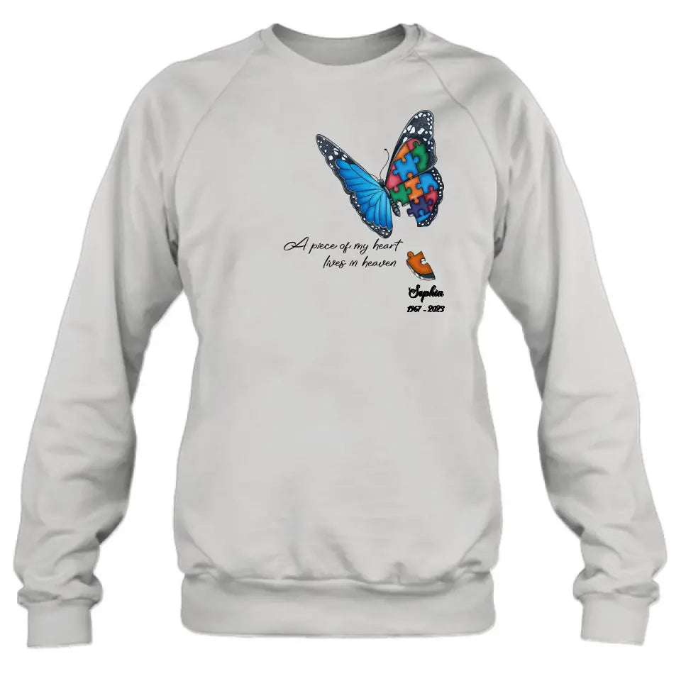 Personalized Memorial Butterfly Shirt/Hoodie - Up to 4 Puzzles - Memorial Gift Idea for Mother's Day/Father's Day - A Piece Of My Heart Lives In Heaven