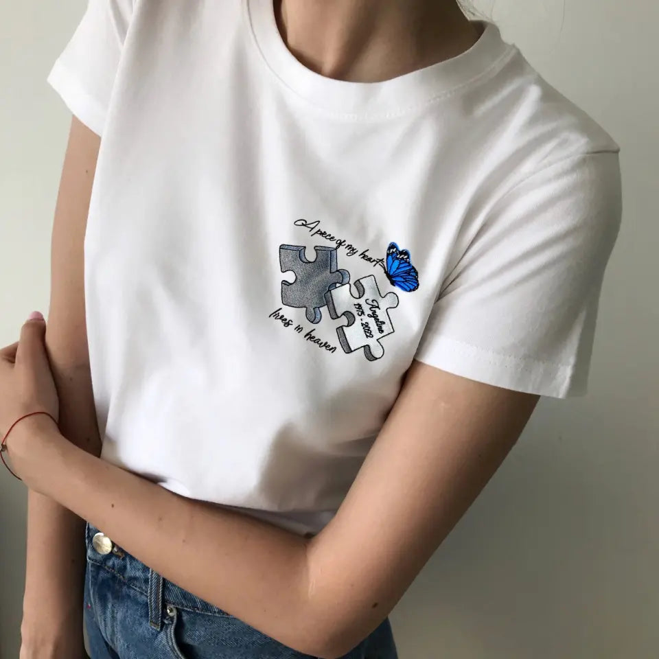 Personalized Memorial Embroidered T-Shirt/Hoodie/Sweater - Up to 5 Puzzles - Memorial Gift for Mother's Day/Father's Day - A Piece Of My Heart Lives In Heaven