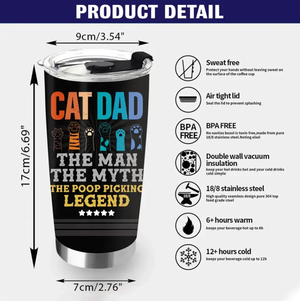 Personalized Cat Dad Tumbler - Father's Day Gift To Cat Lover - Up to 7 Cats - Cat Dad The Man The Myth The Poop Picking Legend