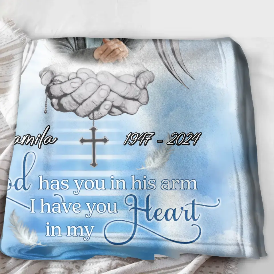 Personalized Memorial Fleece Throw Blanket/Quilt - Upload Photo - Memorial Gift Idea For Family Member - God Has You In His Arms I Have You In My Heart