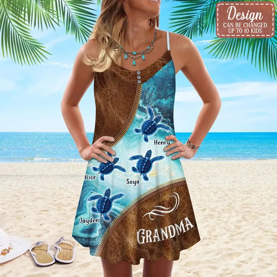 Personalized Sea Turtle Grandma All-Over Print Women's V-neck Cami Dress - Up to 10 Kids - Gift To Grandma/Mother/Mother's Day/Summer