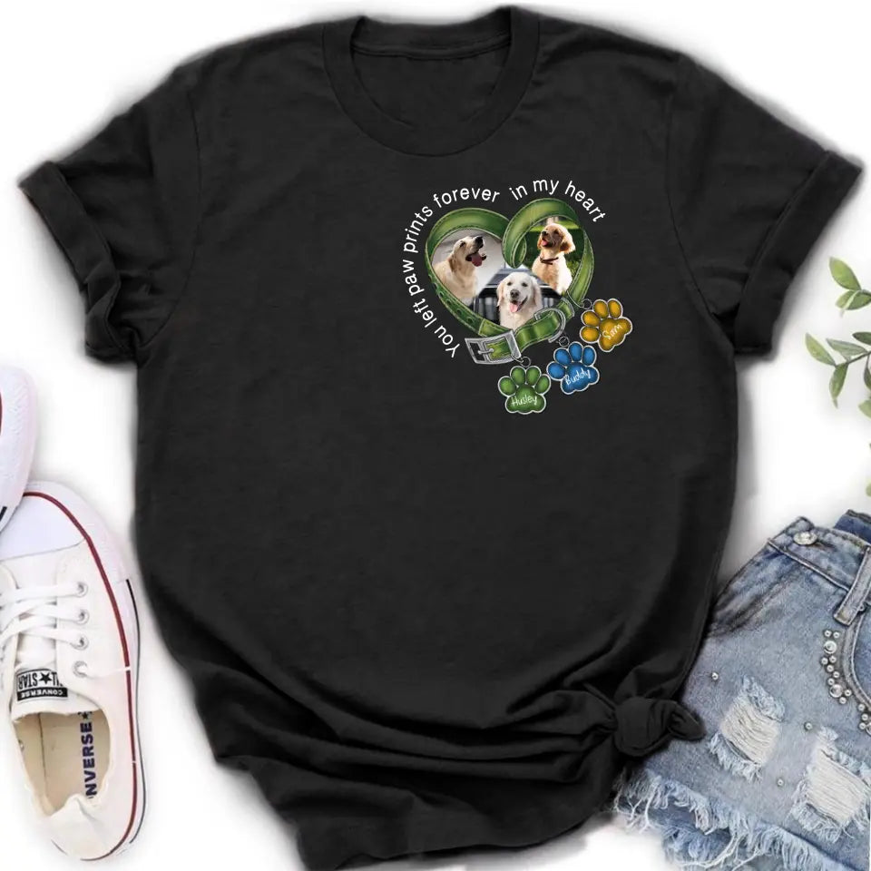 Personalized Memorial Dog Collar T-shirt/Hoodie - Up to 3 Dogs - Memorial Gift Idea For Dog Lover - You Left Paw Prints Forever In My Heart