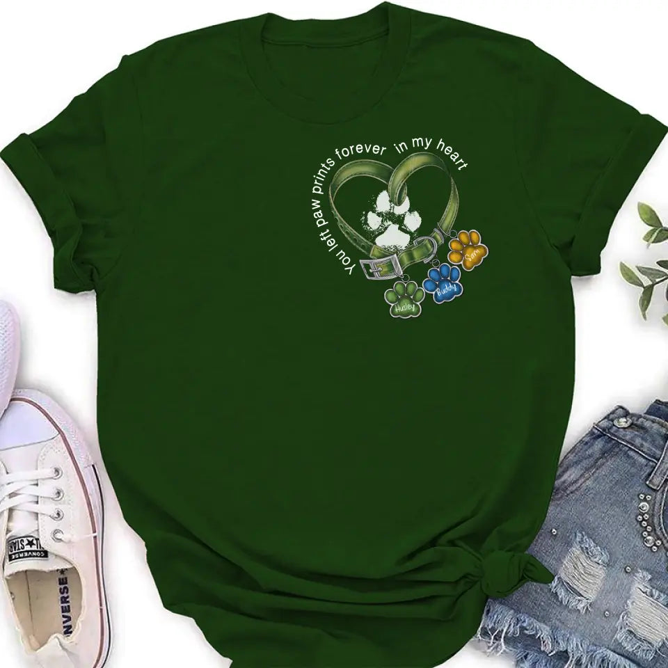 Personalized Memorial Dog Collar T-shirt/Hoodie - Up to 3 Dogs - Memorial Gift Idea For Dog Owner - You Left Paw Prints Forever In My Heart