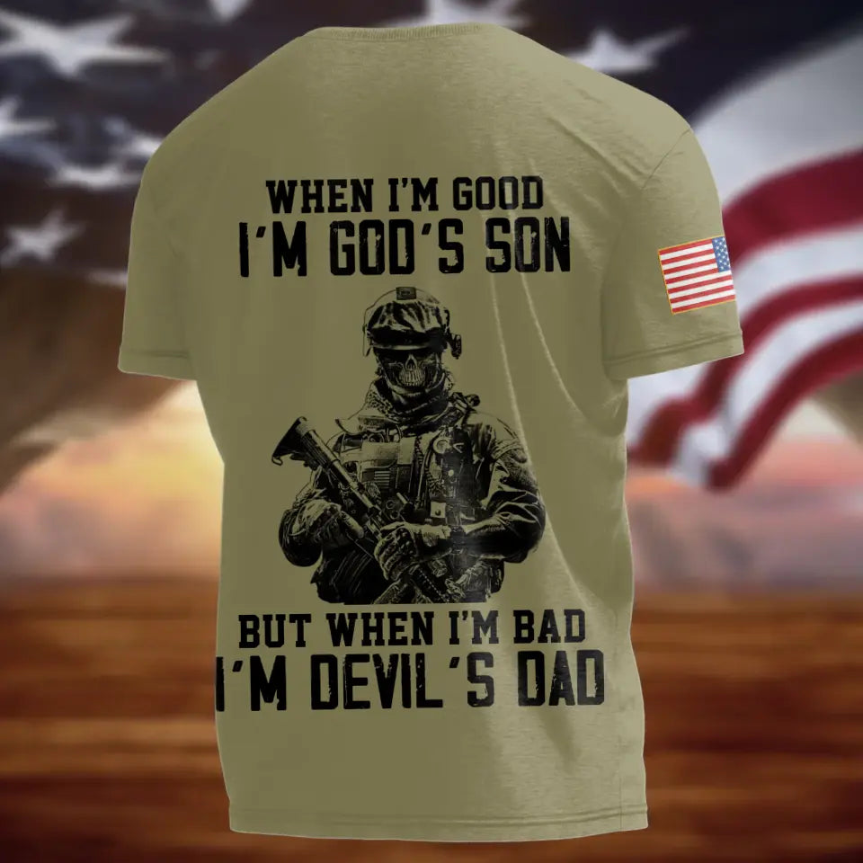 Personalized Veteran AOP T-shirt - Gift Idea For Veteran - When I'm Good I'm God's Son But When I'm Bad I'm Devil's Dad