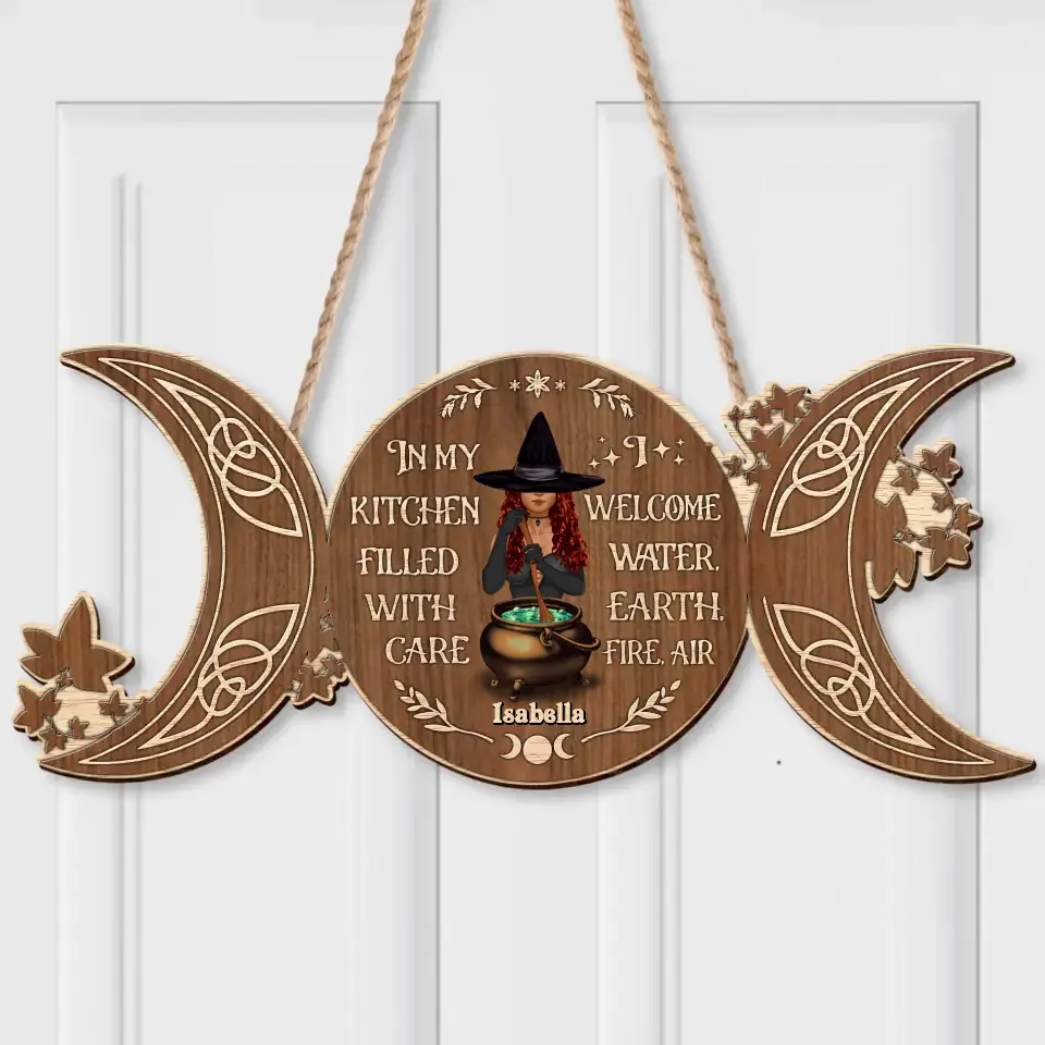 Personalized Witch Wooden Sign - In My Kitchen Filled With Care I Welcome Water, Earth, Fire, Air - Gift Idea For Halloween/ Pagan Decor