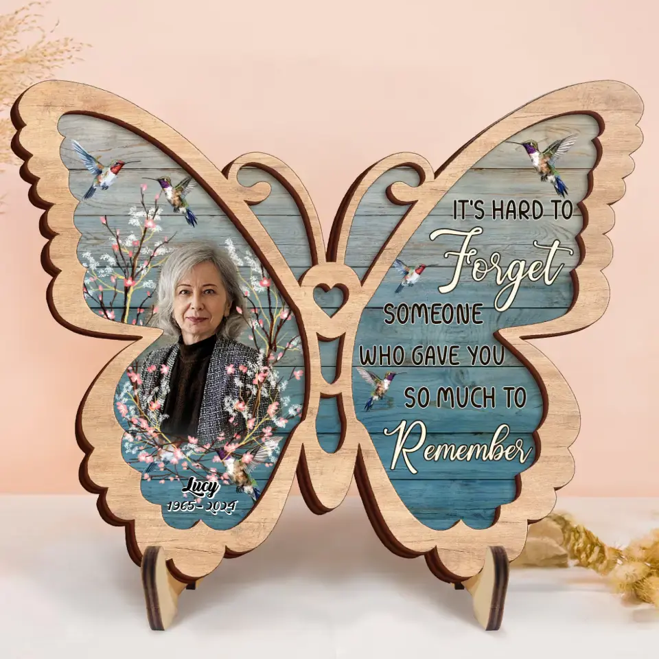 Personalized Memorial Butterfly 2 Layered Wooden Art - Upload Photos - Gift Idea For Family Member - It's Hard To Forget Someone Who Gave You So Much To Remember