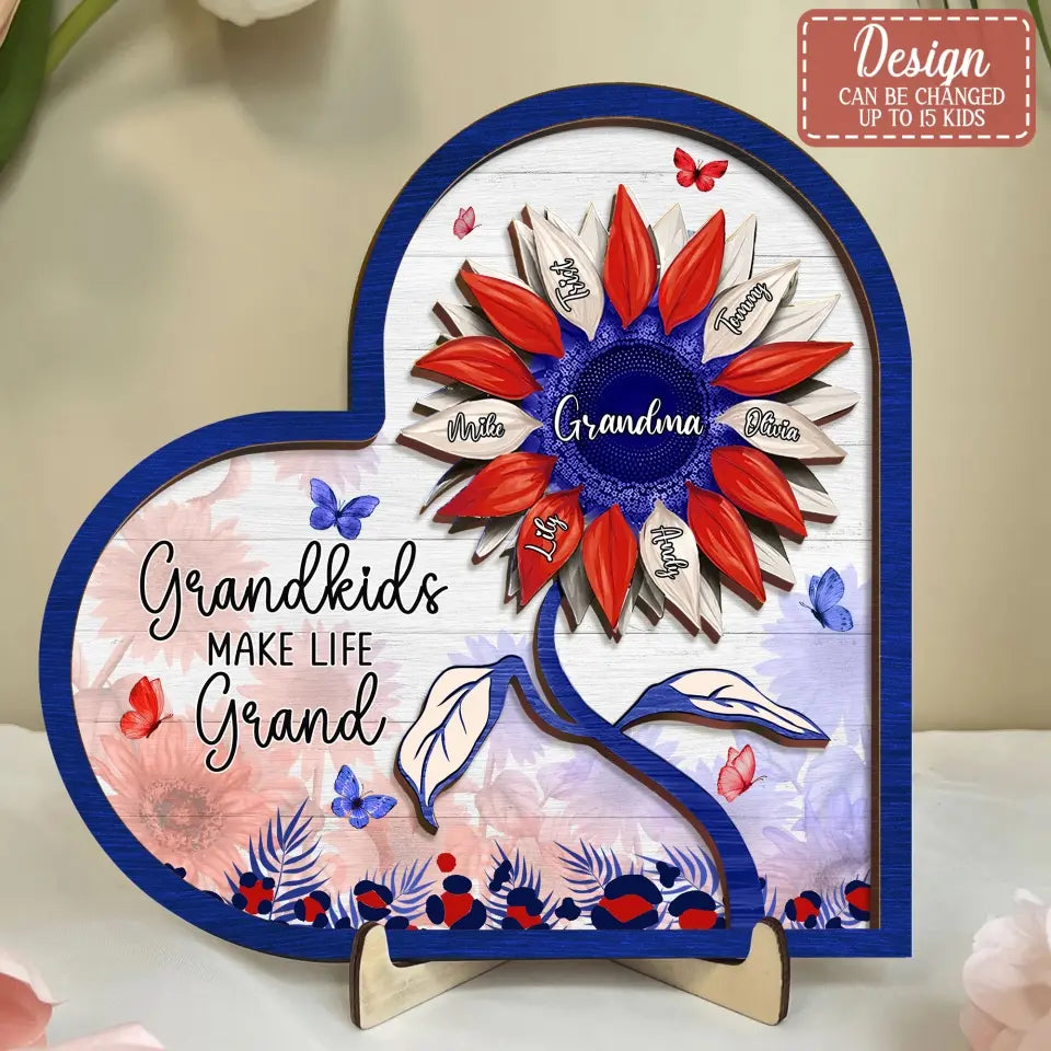 Personalized Mom Grandma 2 Layered Wooden Art - Up to 15 Kids - 4th Of July Gift Idea For Grandma - Grandkids Make Life Grand