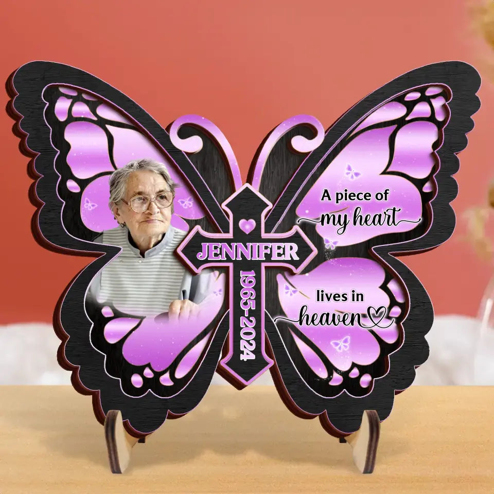 Personalized Butterfly 2 Layered Wooden Art - Upload Up to 5 Photos - Memorial Gift Idea For Family Member - A Piece Of My Heart Lives In Heaven