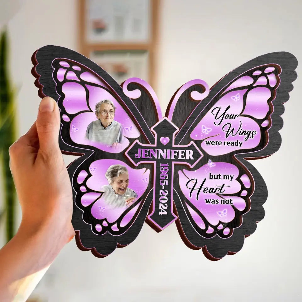 Personalized Butterfly 2 Layered Wooden Art - Upload Up to 5 Photos - Memorial Gift Idea For Family Member - A Piece Of My Heart Lives In Heaven