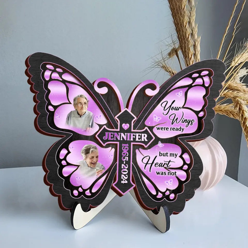 Personalized Butterfly 2 Layered Wooden Art - Upload Up to 5 Photos - Memorial Gift Idea For Family Member - A Piece Of My Heart Lives In Heaven