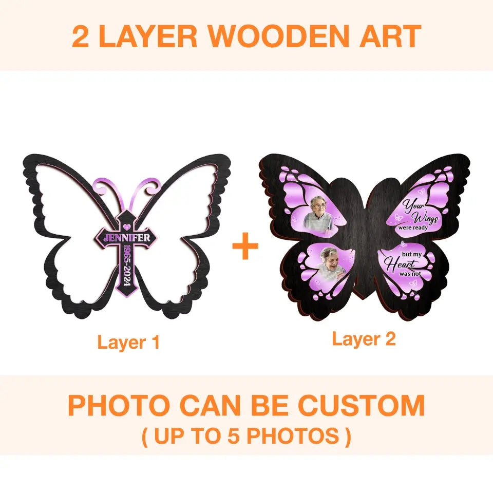 Personalized Butterfly 2 Layered Wooden Art - Upload Up to 5 Photos - Memorial Gift Idea For Family Member - A Piece Of My Heart Lives In Heaven