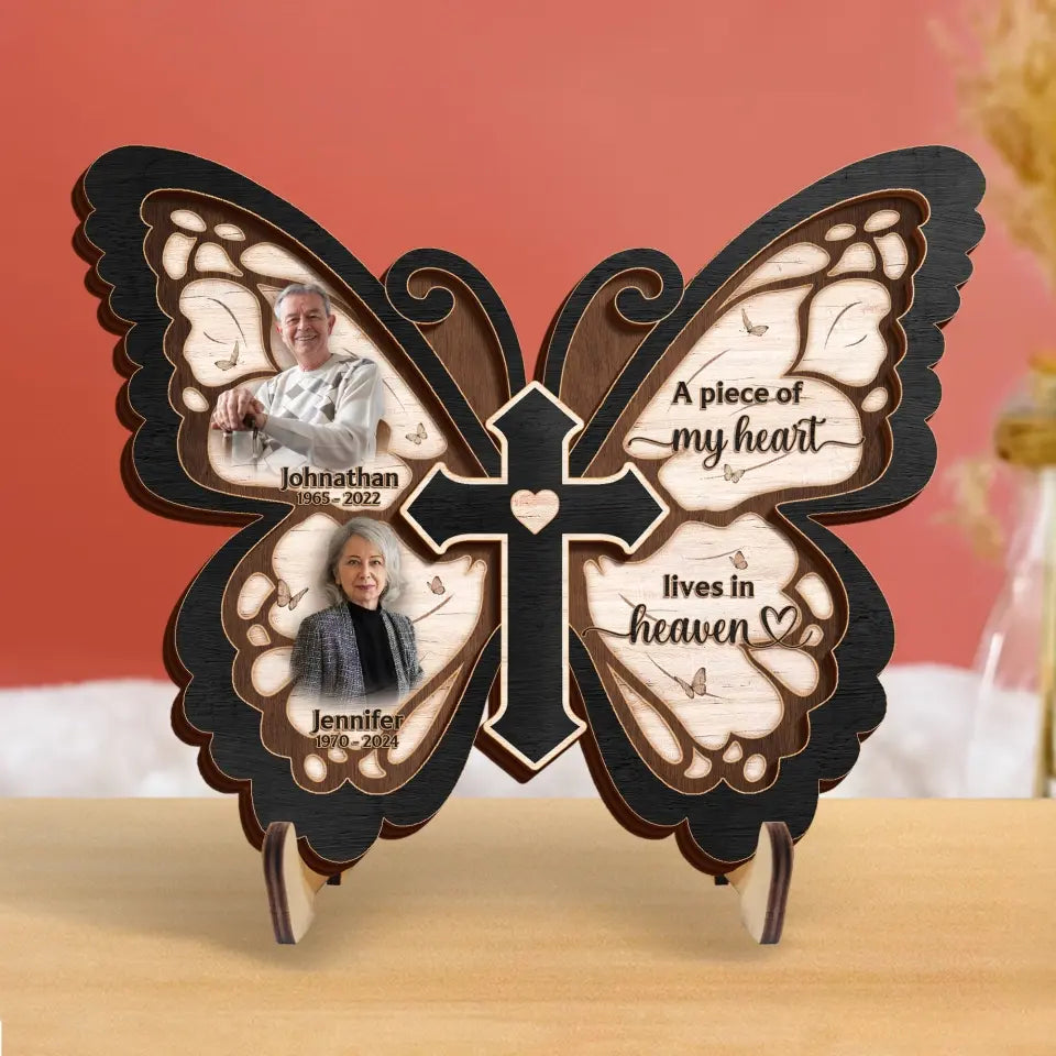 Personalized Butterfly 2 Layered Wooden Art - Upload Up to 5 People - Memorial Gift Idea For Family Member - Pieces Of My Heart Live In Heaven