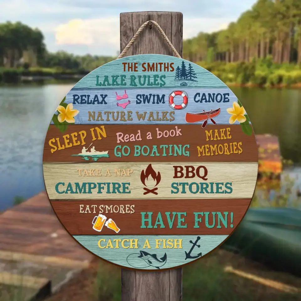 Personalized Lake Rules Wooden Sign - Gift Idea For Family - Eat S'mores Have Fun Catch A Fish