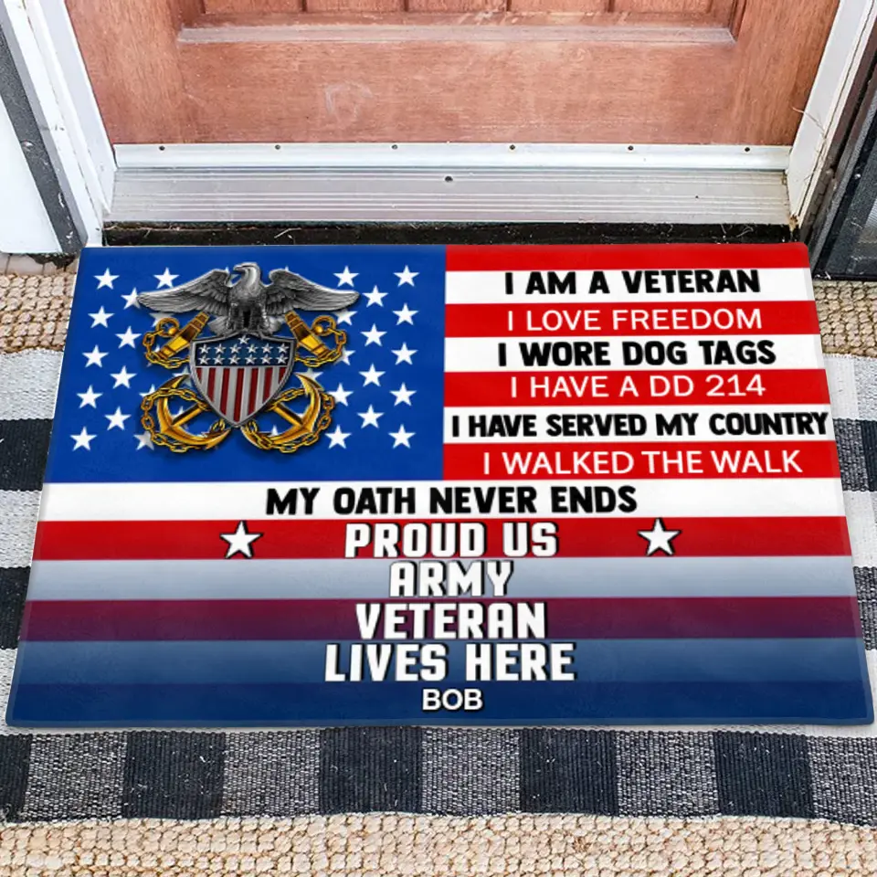 Personalized Military Doormat - Gift Idea For Veteran - I Am A Veteran I Love Freedom Proud Us Army Veteran Lives Here