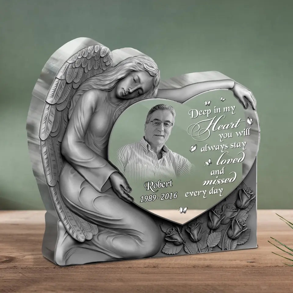 Personalized Angel Heart Memorial Acrylic Plaque - Memorial Gift Idea For Christmas/Family Member - Upload Photo - Deep In My Heart You Will Always Stay Loved And Missed Every Day
