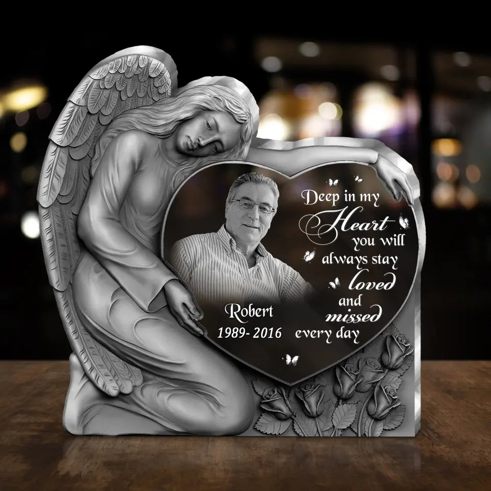 Personalized Angel Heart Memorial Acrylic Plaque - Memorial Gift Idea For Christmas/Family Member - Upload Photo - Deep In My Heart You Will Always Stay Loved And Missed Every Day