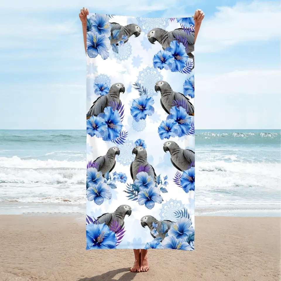 Personalized Blue Flower Parrot Beach Towel - Upload Parrot Photo - Summer Gift Idea