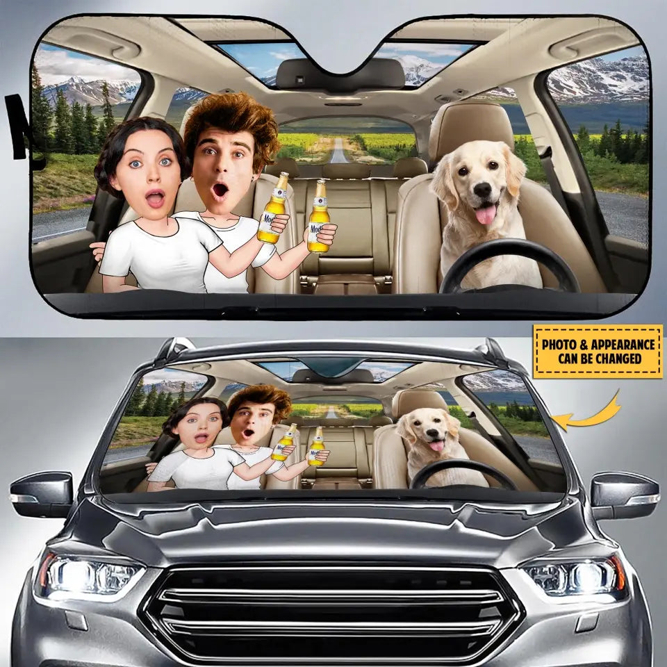 Personalized Photo Dog Driving Family Together Auto Windshield Sunshade - Couple With Kids And Dog- Gift Idea For Family/Couple/ Dog Lover