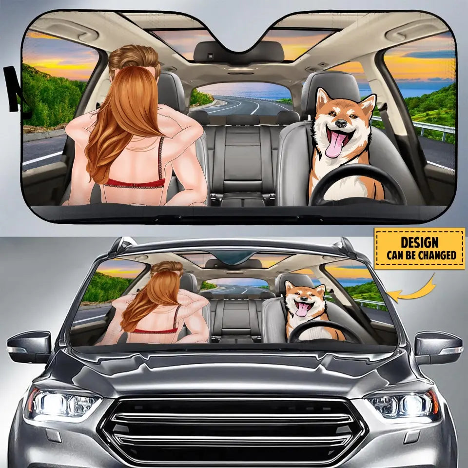 Personalized Photo Dog Driving Family Together Auto Windshield Sunshade - Gift Idea For Couple/Dog Lover