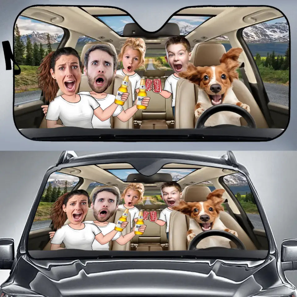 Personalized Photo Dog Driving Family Together Auto Windshield Sunshade - Couple With Kids And Dog- Gift Idea For Family/Couple/ Dog Lover