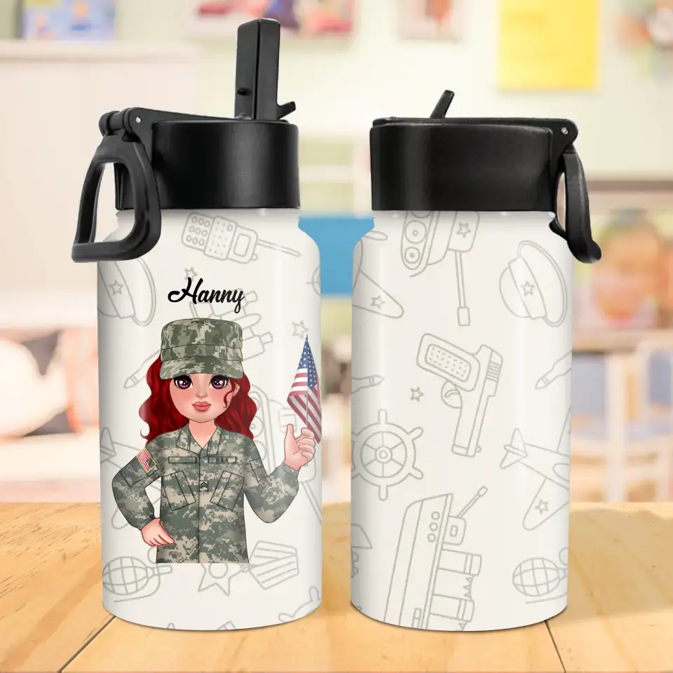 Personalized Army Kid Water Bottle With Straw Lid - Gift Idea For Your Kid/Back To School