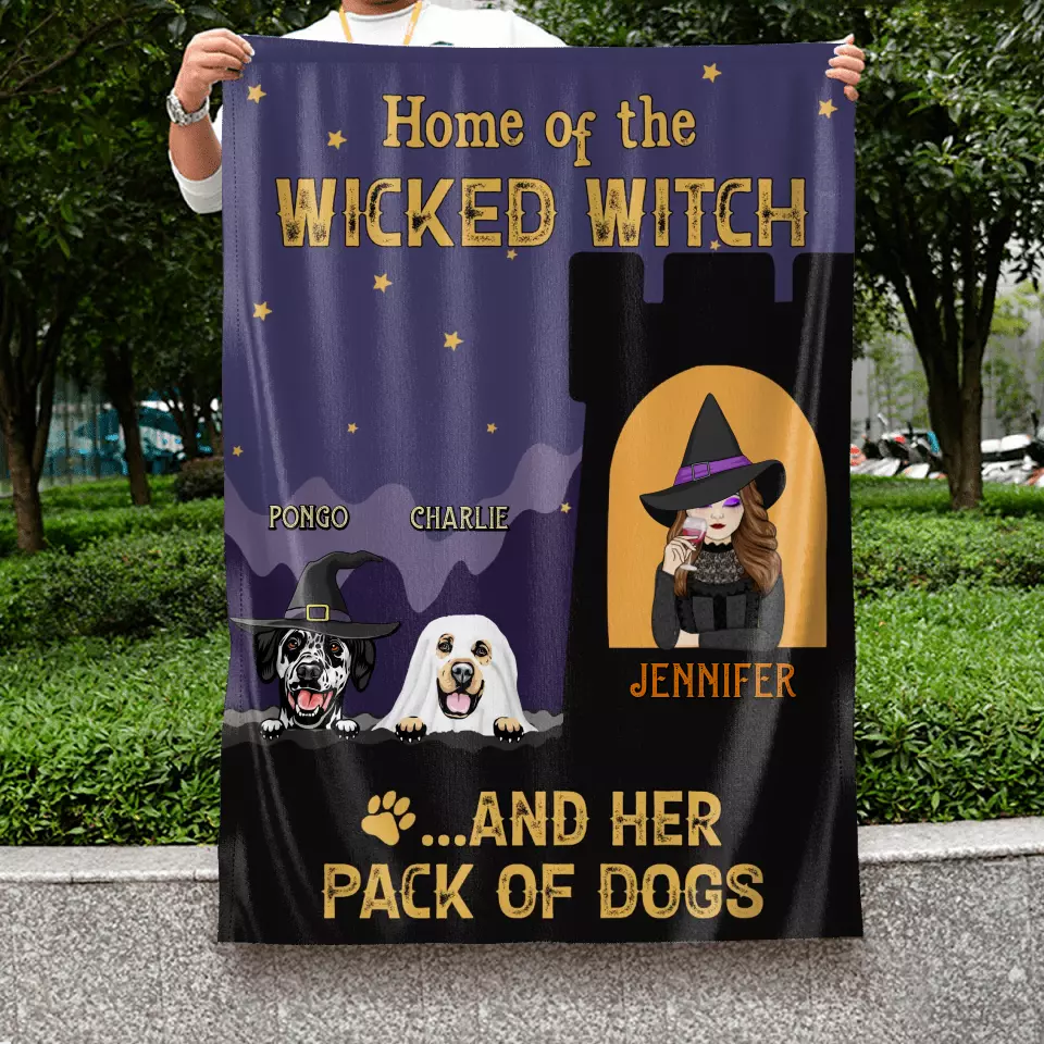 Personalized Witch Dog Flag Sign - Halloween Gift Idea For Family/Dog Lover - Up to 4 Dogs - Home Of The Wicked Witch And Her Pack Of Dogs
