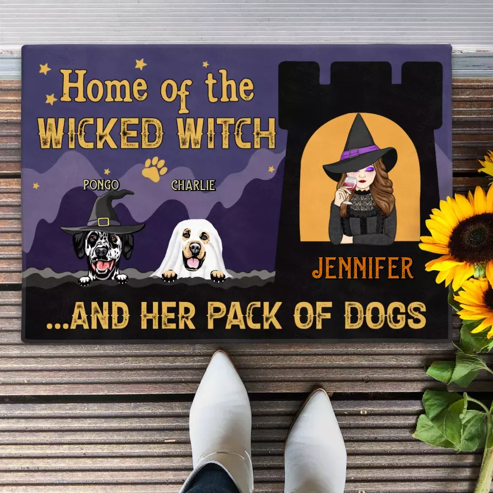 Custom Personalized Witch Dog Doormat - Halloween Gift Idea For Family/ Dog Lover - Upto 7 Dogs - Home Of The Wicked Witch And Her Pack Of Dogs