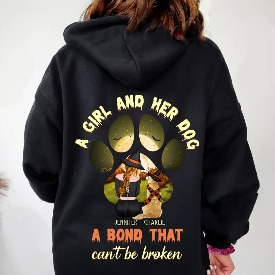 Personalized Witch Dog T-shirt/Hoodie - Woman With Up to 4 Dogs - Halloween Gift Idea For Dogs Lover - A Girl And Her Dog A Bond That Can't Be Broken