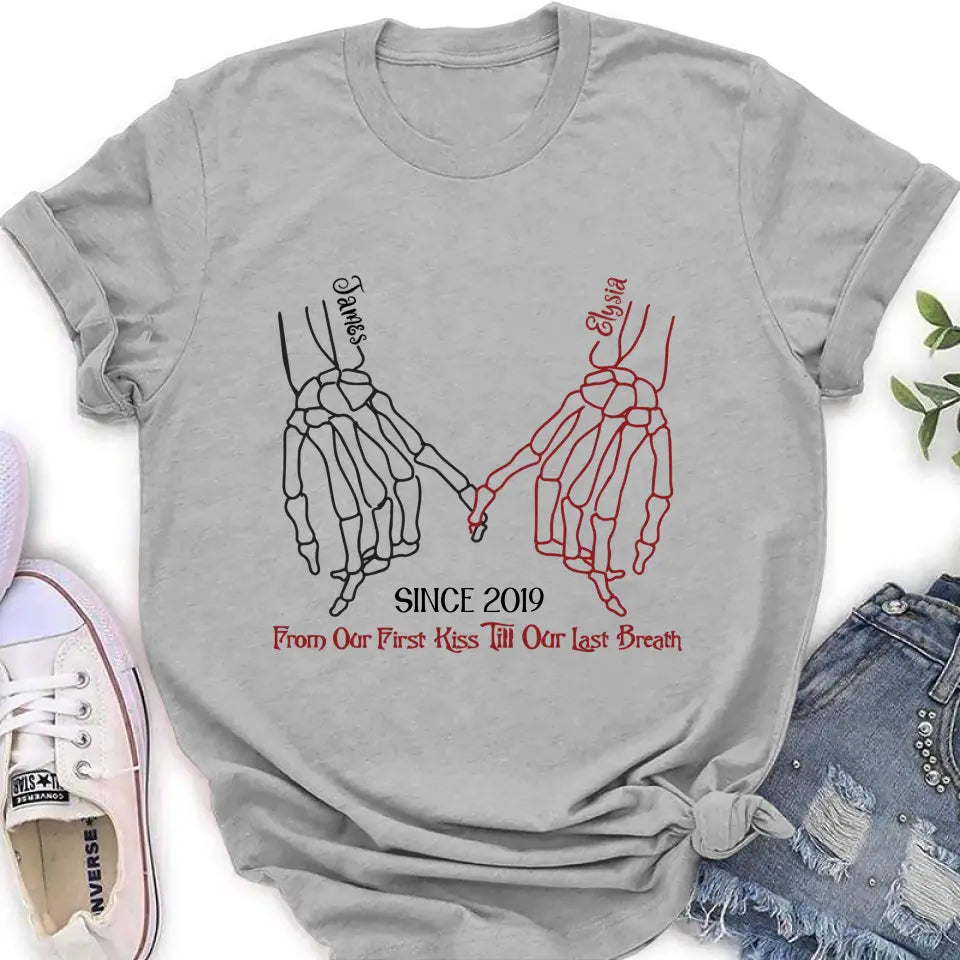 Personalized Couple Halloween T-shirt/Long Sleeve/Sweatshirt/Hoodie - Gift Idea For Couple - From Our First Kiss Till Our Last Breath