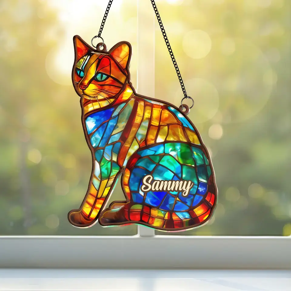 Personalized Cat Hanging Suncatcher Ornament - Custom Cat's Name - Gift Idea For Cat Owner